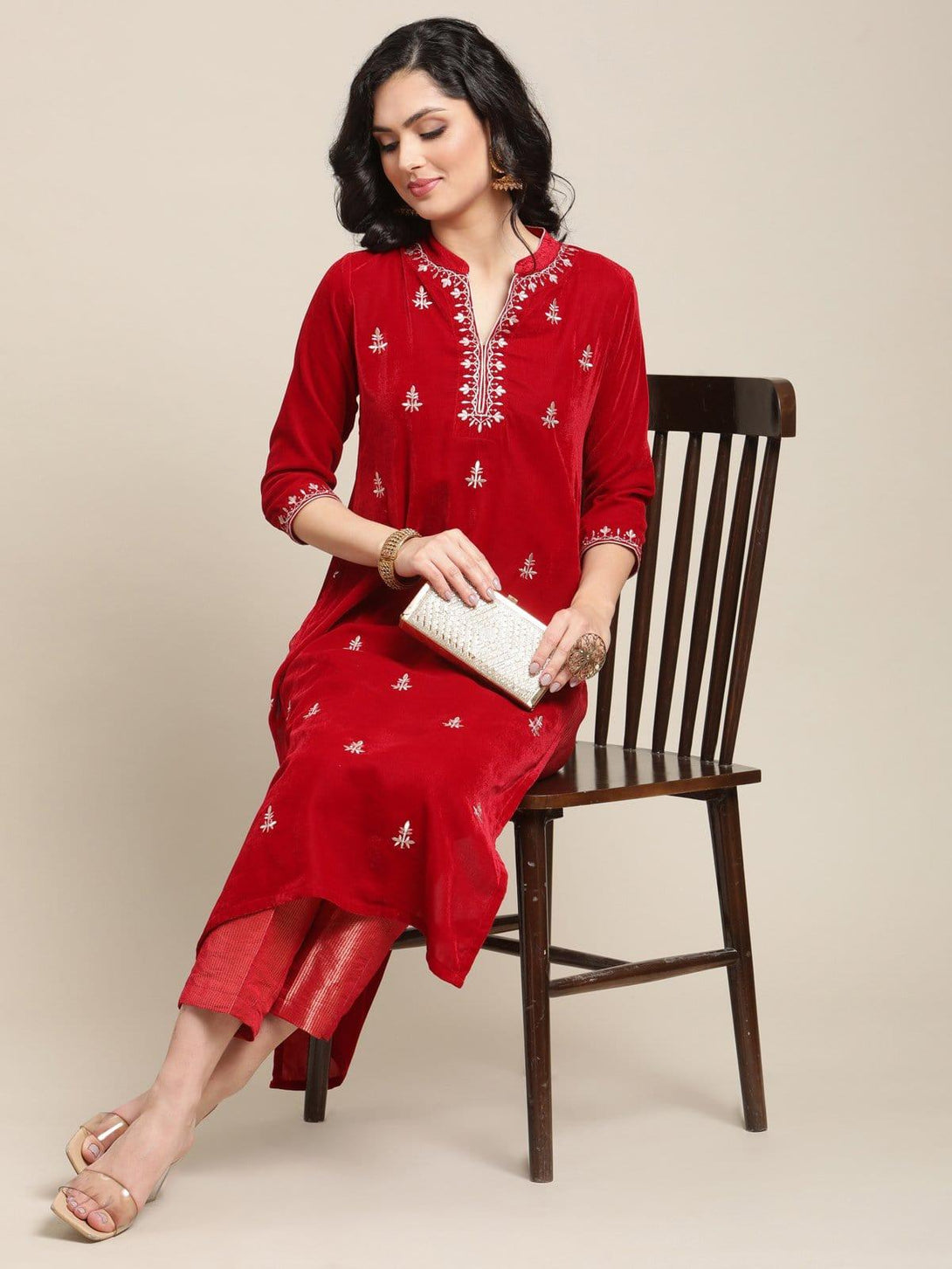 Red Embroidred Velvet Kurta Paired With Brocade Trouser - Indiakreations