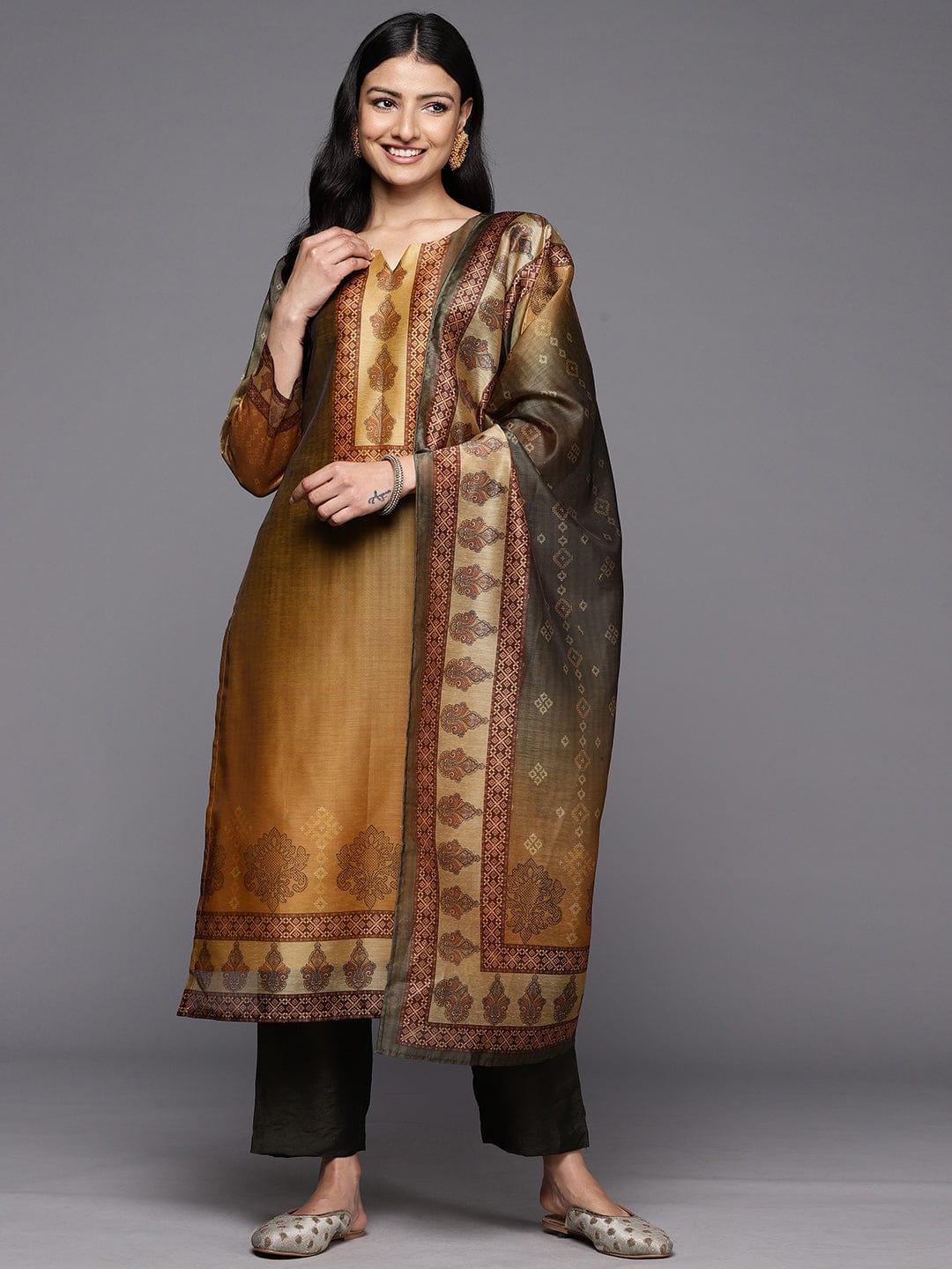 Varanga Ethnic Motifs Printed Chanderi Silk Kurta With Trousers & With Dupatta - Indiakreations