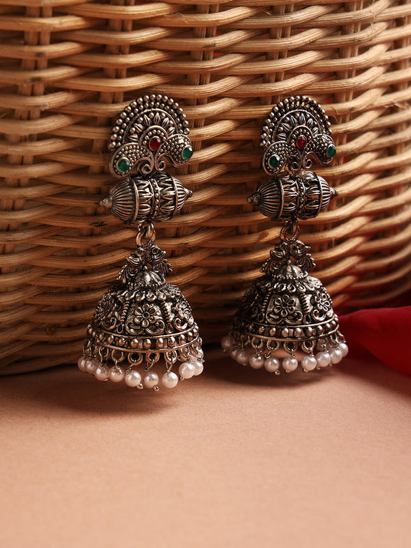 Women's Oxidised Peacock shaped Silver-Plated Red & Green Stone Studded & Beaded Jhumkas - Jazz and Sizzle