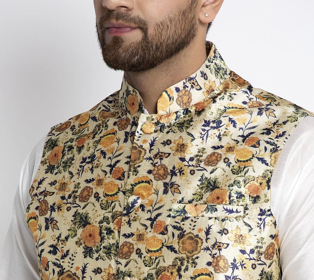 Men's Lime Green & Multi Printed Nehru Jacket - Benstoke - Indiakreations