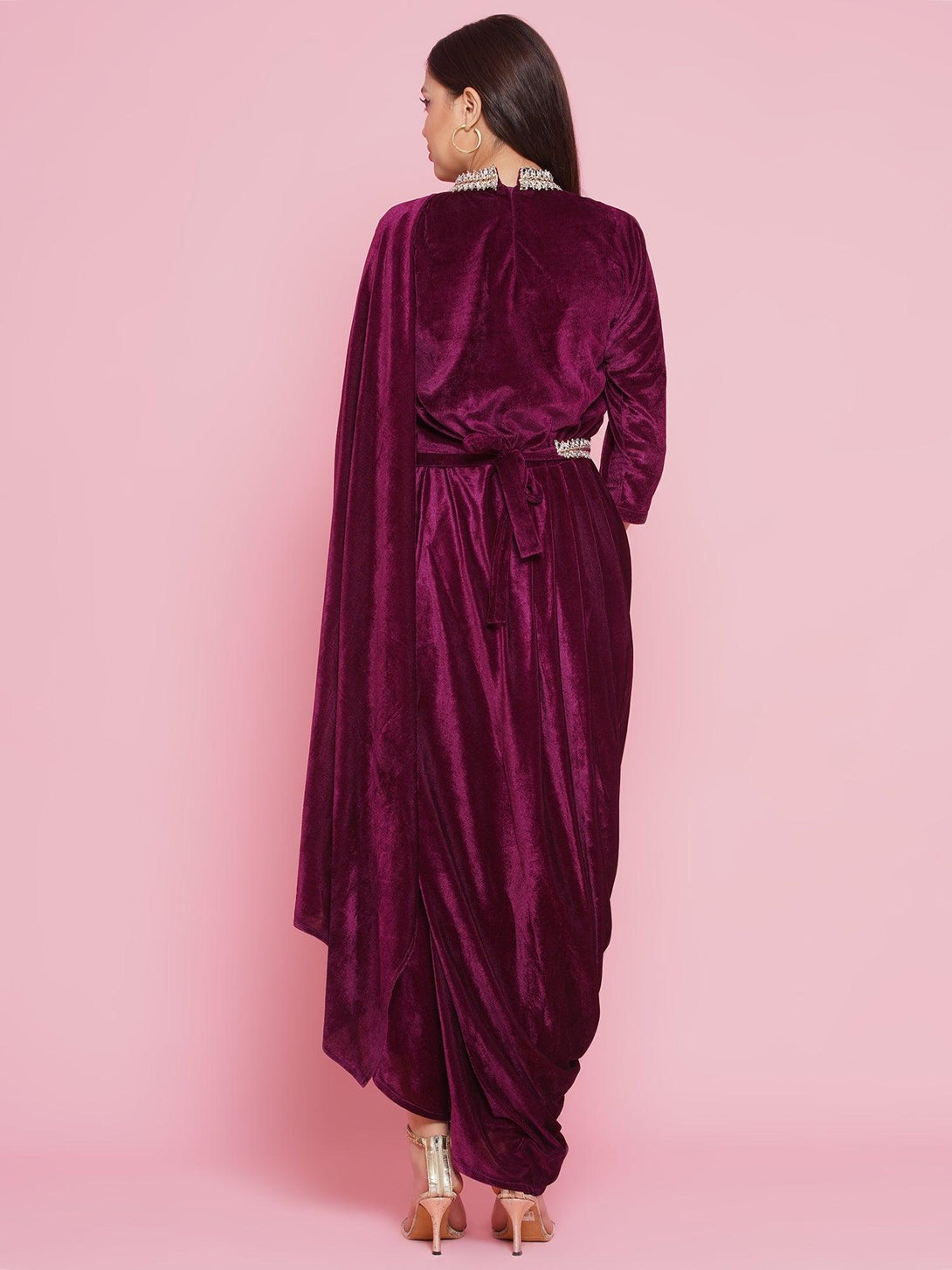 Women's Burgundy Velvet Kurta With Attached Neckalace,Belt And Pant - Women Republic - Indiakreations