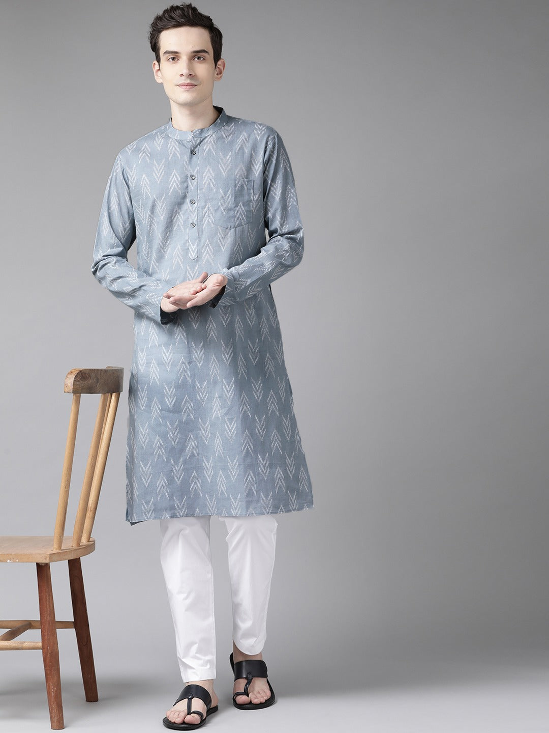 Men's Grey And White  Printed Straight Kurta - See Designs