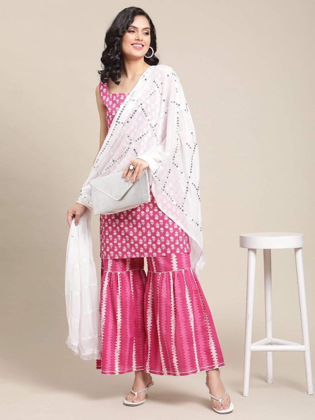 Pink Floral Printed Kurta Sharara Set With White Sequins Work Dupatta - Indiakreations