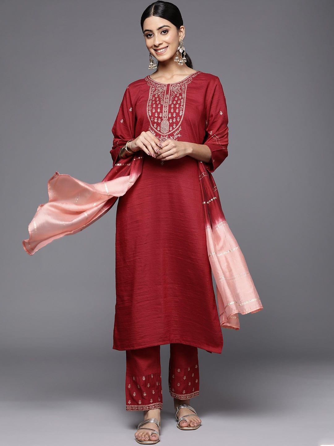 Varanga Maroon Embroidered Kurta With Embroidered Trouser And Ombre Dupatta - Indiakreations