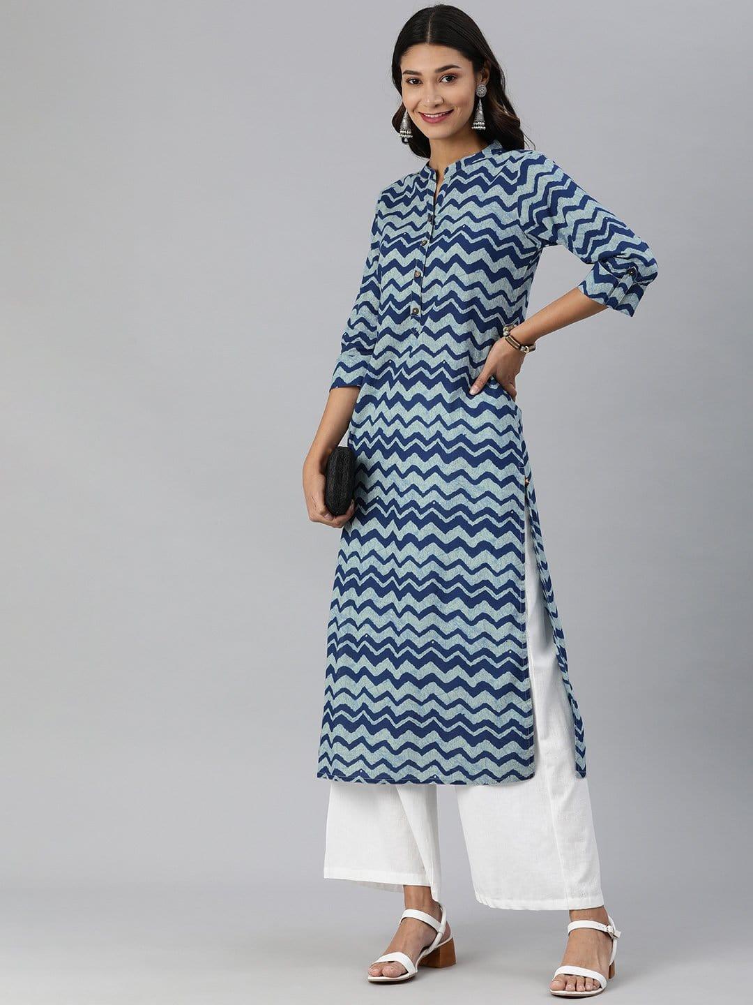 KSUT Indigo Chevron Printed Straight Kurta - Indiakreations