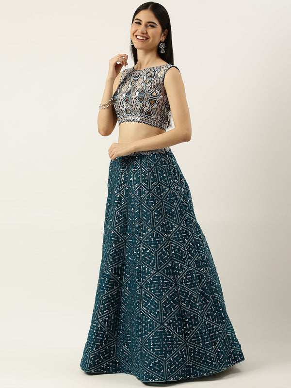 Women's Teal Net Sequince Work Lehenga & Blouse, Dupatta - Panchhi