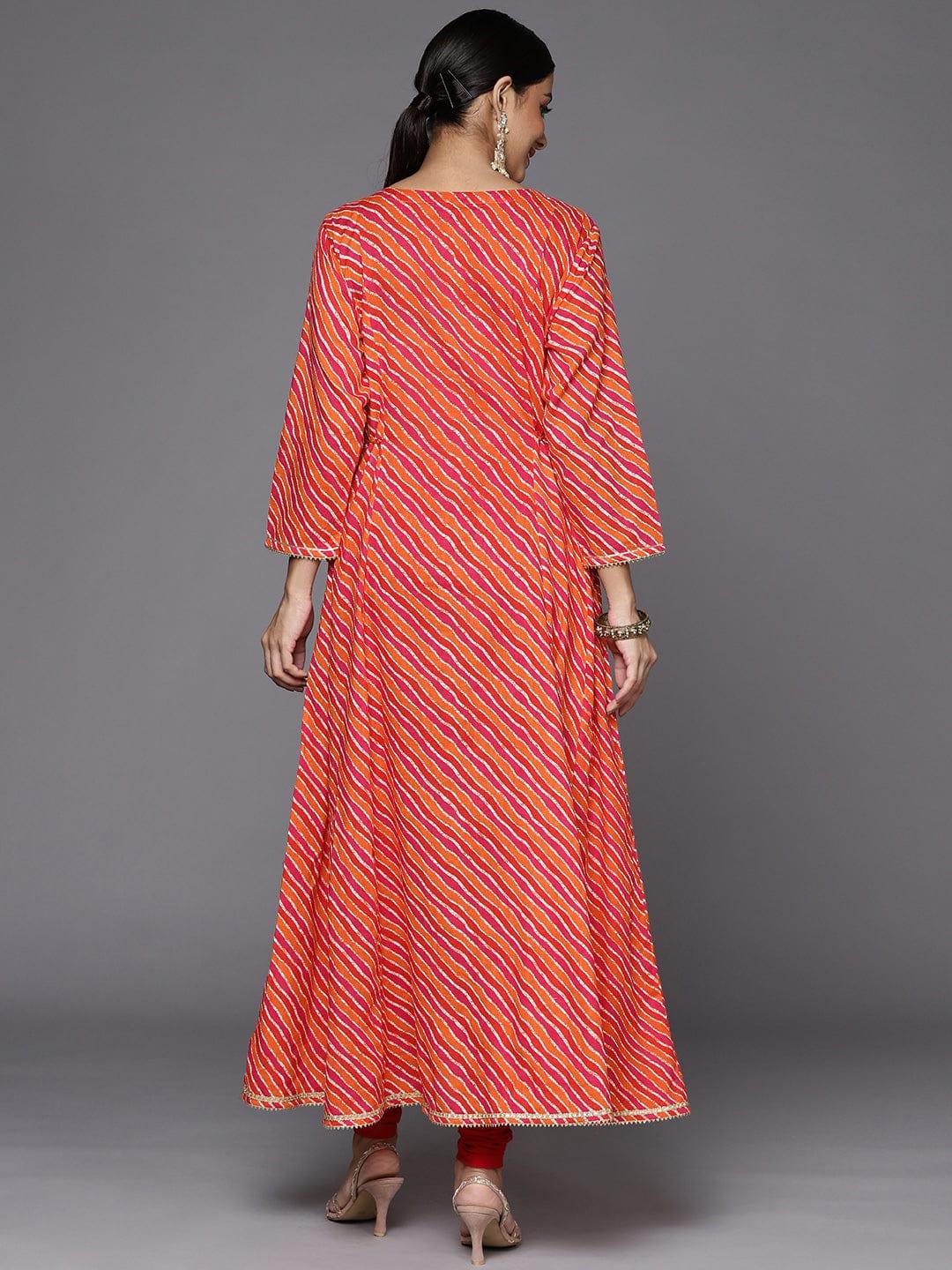 Varanga Women Orange & Pink Leheriya Printed Gotta Patti Cotton Anarkali Kurta - Indiakreations