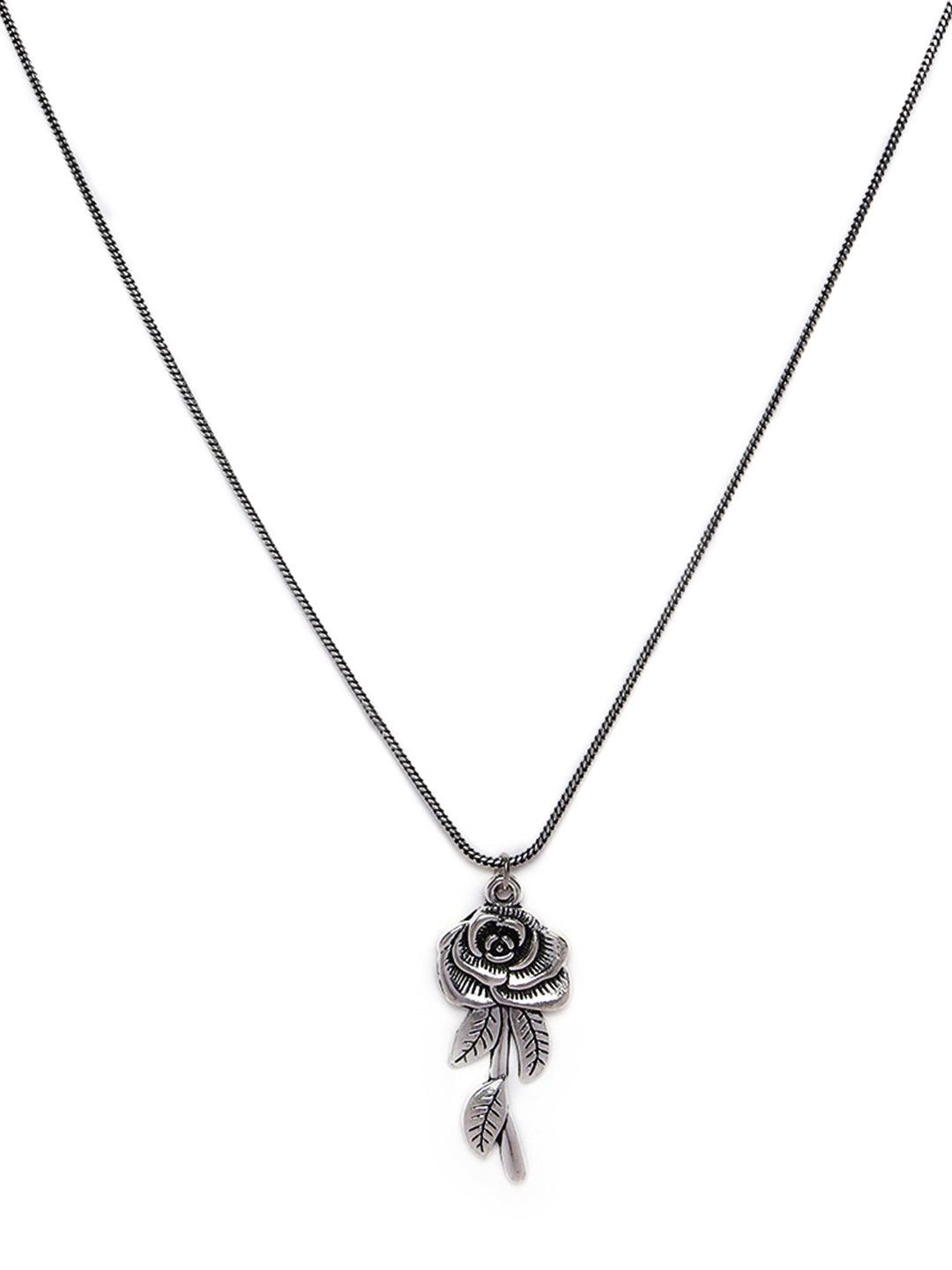 Women's Set of 2 Heart & Rose shaped Oxidised Silver-Toned Textured Necklace - Jazz and Sizzle - Indiakreations