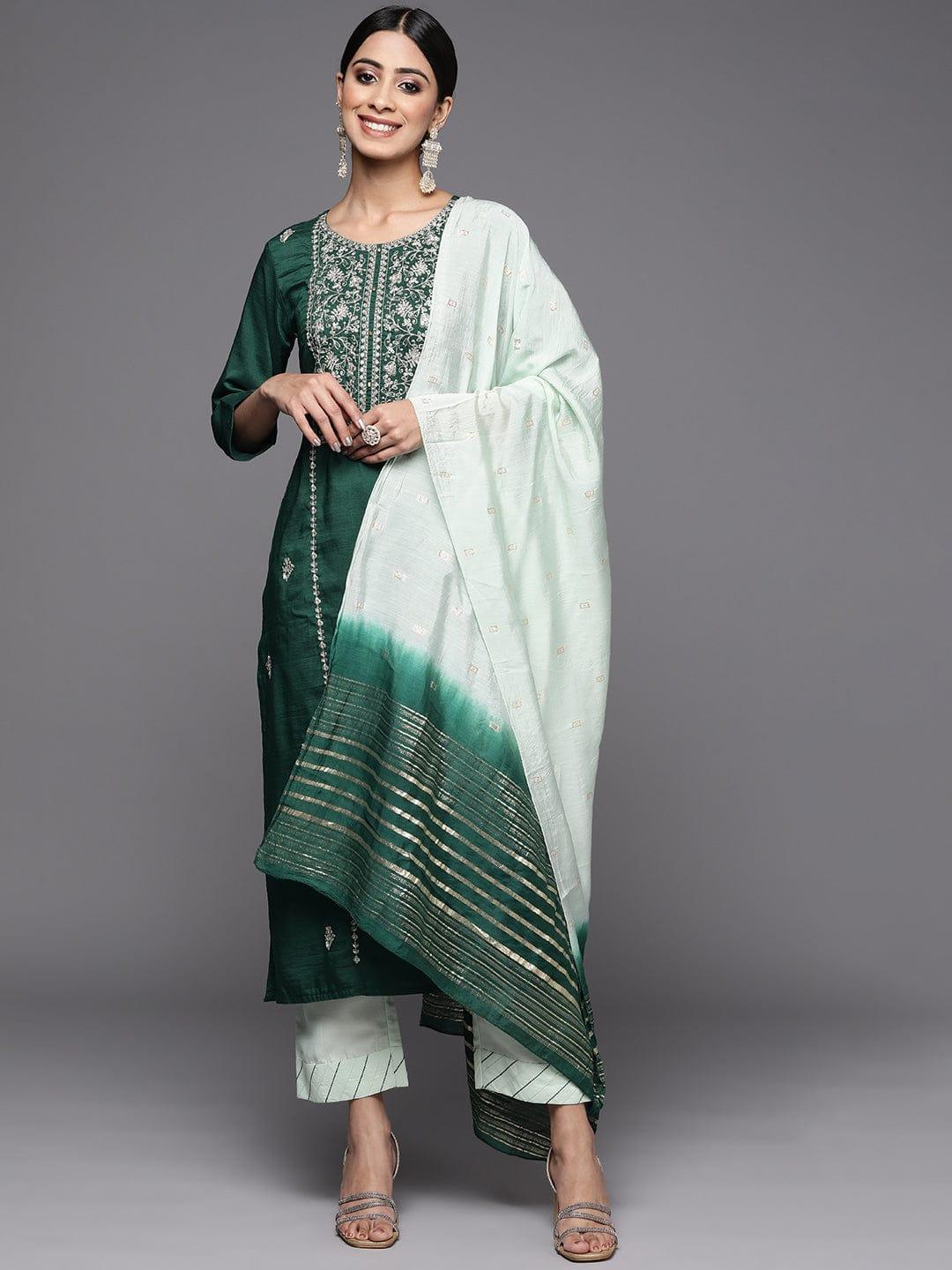 Varanga Women Green Embroidered Gotta Patti Pure Cotton Kurta with Trousers & Dupatta - Indiakreations