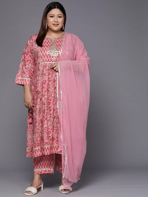 Varanga Women Plus Size Pink Floral Printed Gotta Patti Pure Cotton Kurta with Trousers & Dupatta - Indiakreations