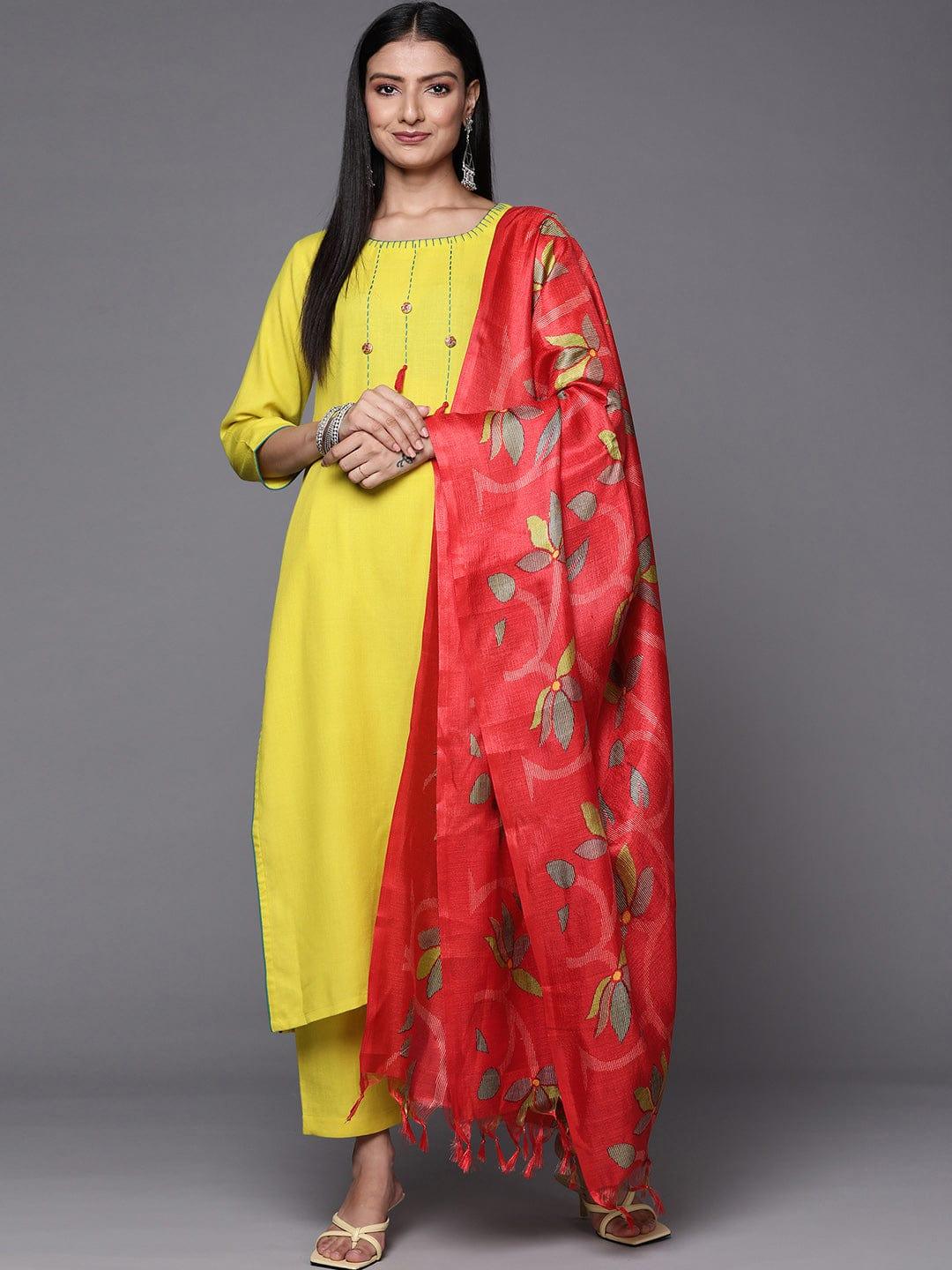 Varanga Women Lime Green Yoke Design Thread Work Kurta with Trousers & Dupatta - Indiakreations