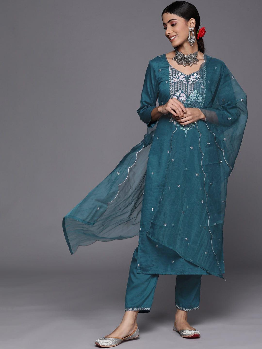 Varanga Women Teal Ethnic Motifs Embroidered Sequinned Kurta with Trousers & With Dupatta - Indiakreations