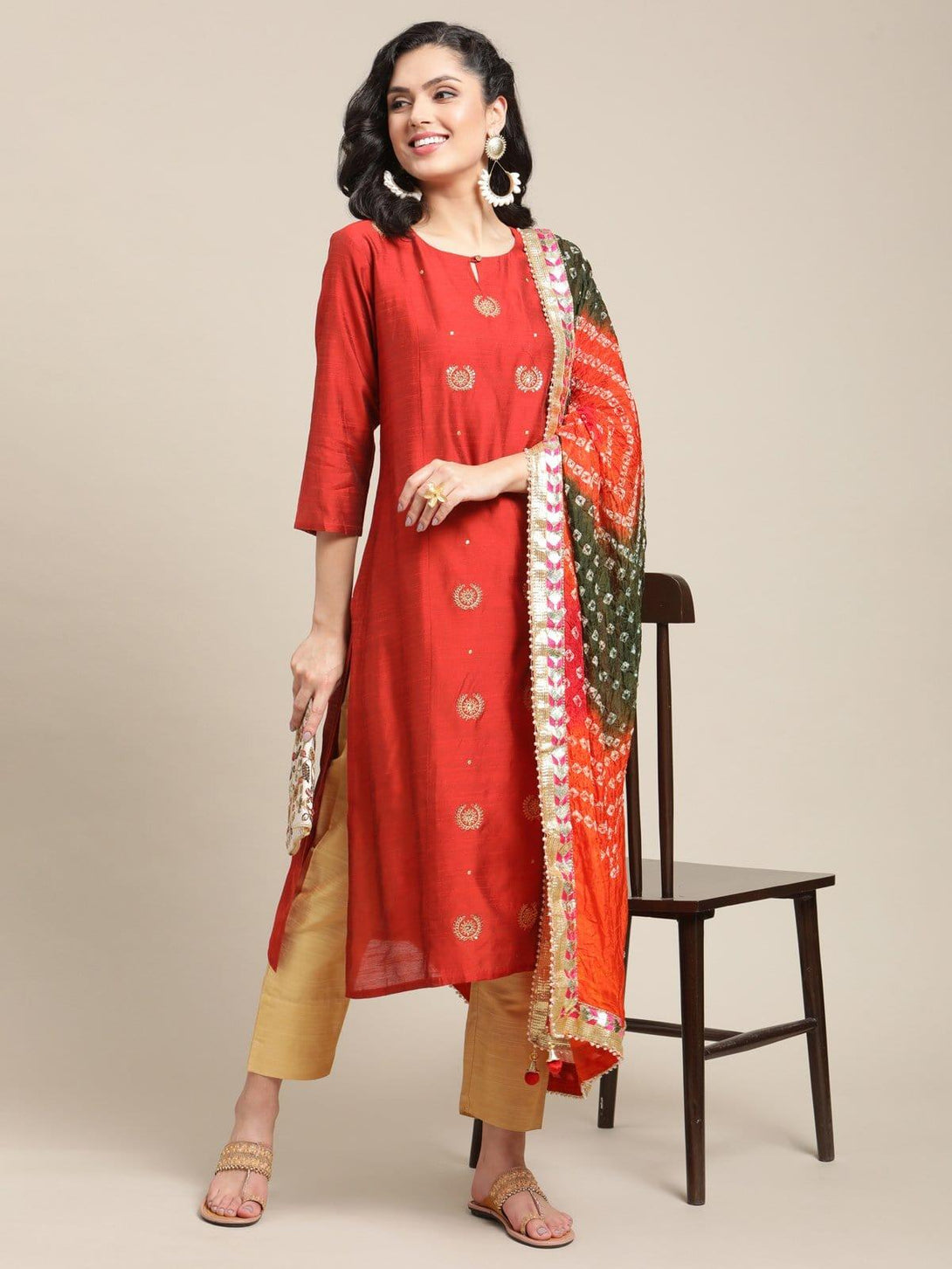 Rust Zari And Sequins Embroidery Kurta With Trouser And Bandhej Silk Dupatta - Indiakreations