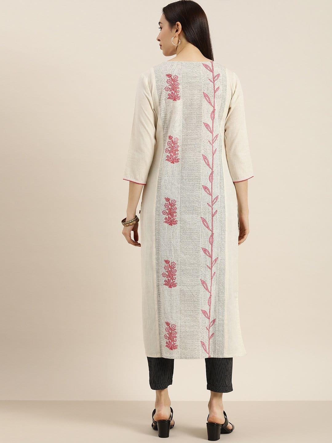 KSUT Off White And Pink Floral Printed Straight Kurta With Black And White Stripe Trouser - Indiakreations