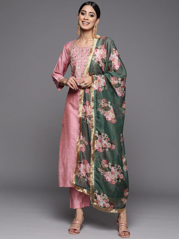 Varanga Women Pink Ethnic Motifs Embroidered Dupion Silk Kurta with Palazzos & With Dupatta - Indiakreations