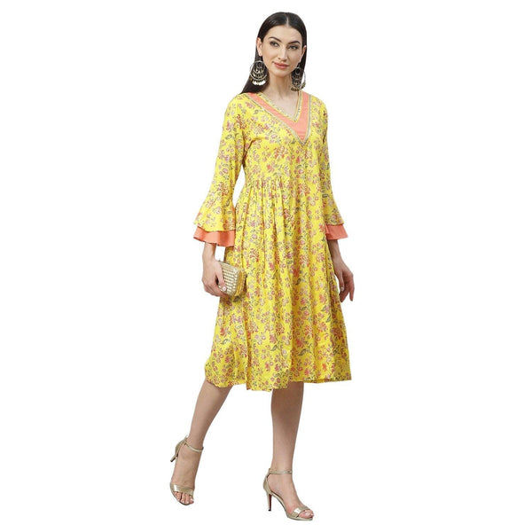 Women Yellow Cotton Printed Dress by Myshka (1 Pc Set) - Indiakreations
