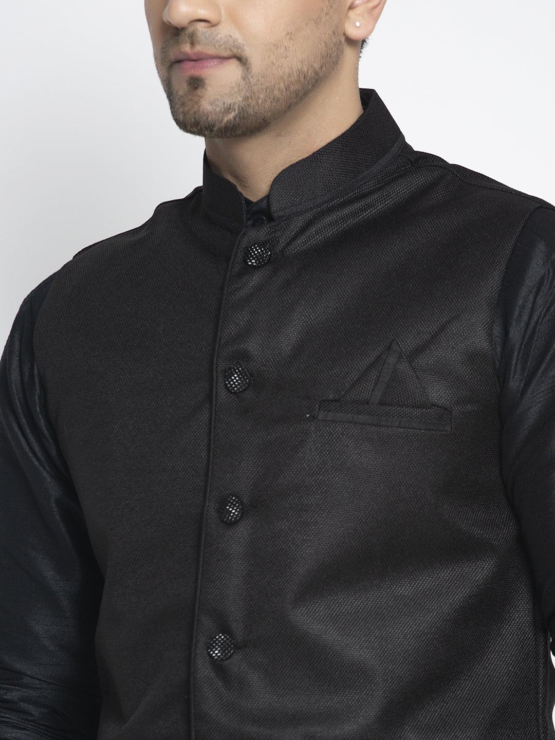 Men's Silk Blend Black Kurta With Pyjama & Black Nehru Jacket - Benstoke - Indiakreations