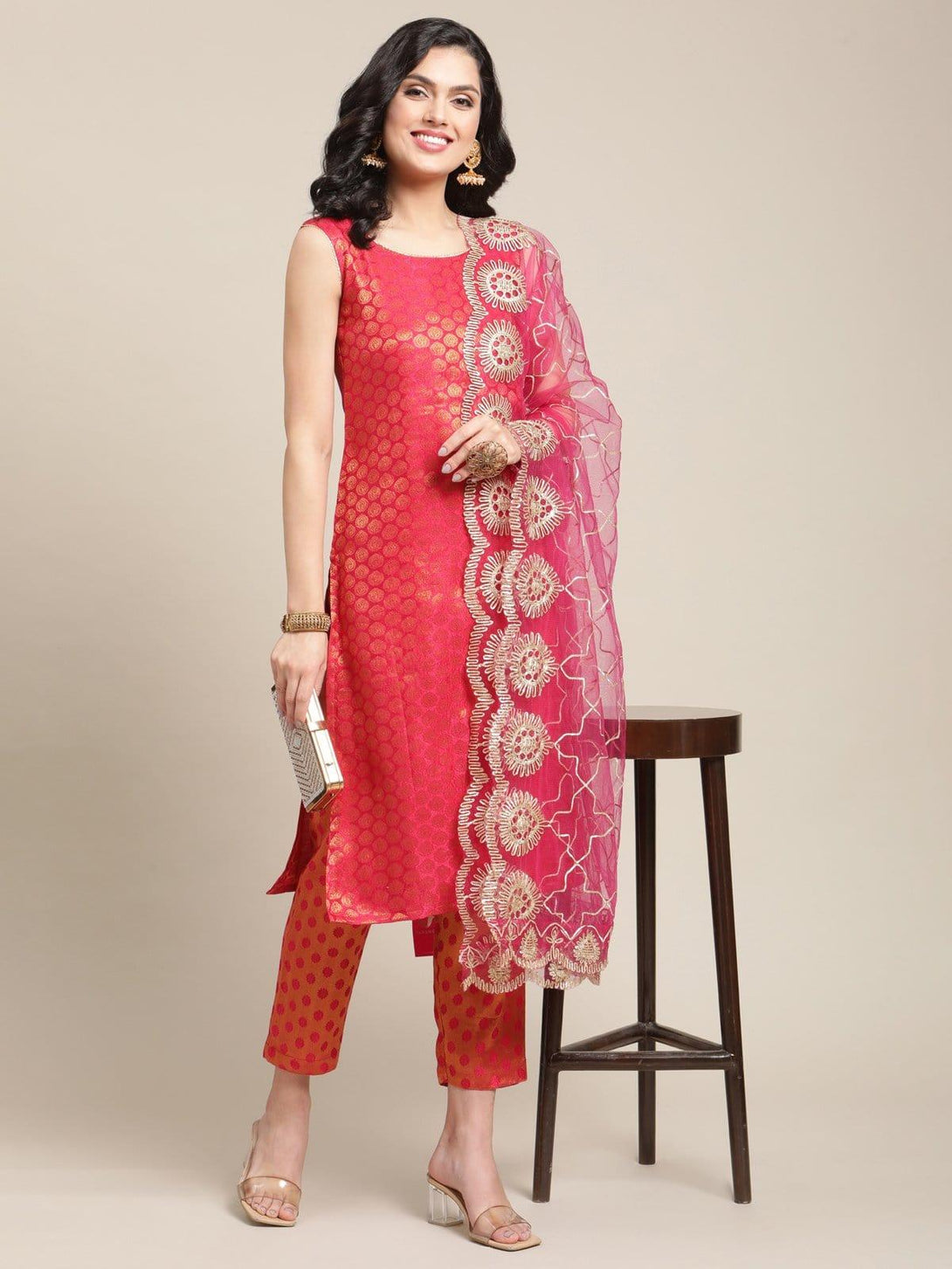 Pink Silk Jaquard Kurta Trouser Set With Heavy Gota Embellished Dupatta - Indiakreations