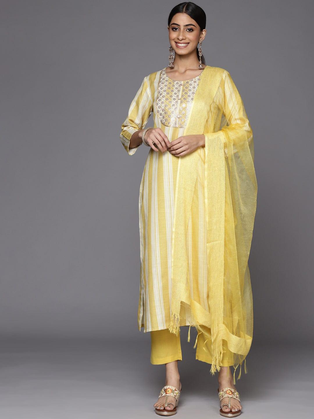 Varanga Women Yellow Striped Sequinned Kurta with Trousers & With Dupatta - Indiakreations