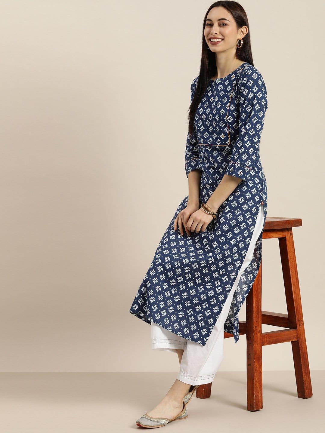 KSUT Blue And White Abstract Printed Kurta With Handwork On Yoke - Indiakreations