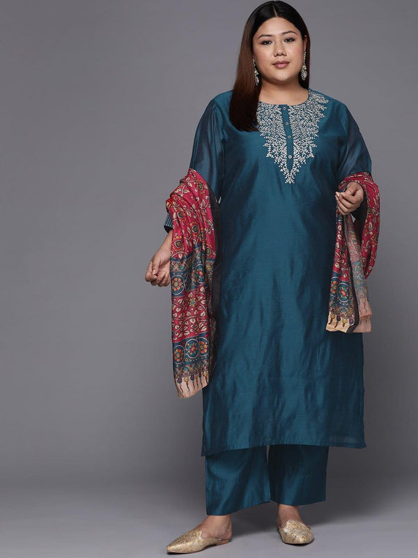 Varanga Women Plus Size Teal Blue Yoke Design Chanderi Silk Kurta with Trousers & Dupatta - Indiakreations