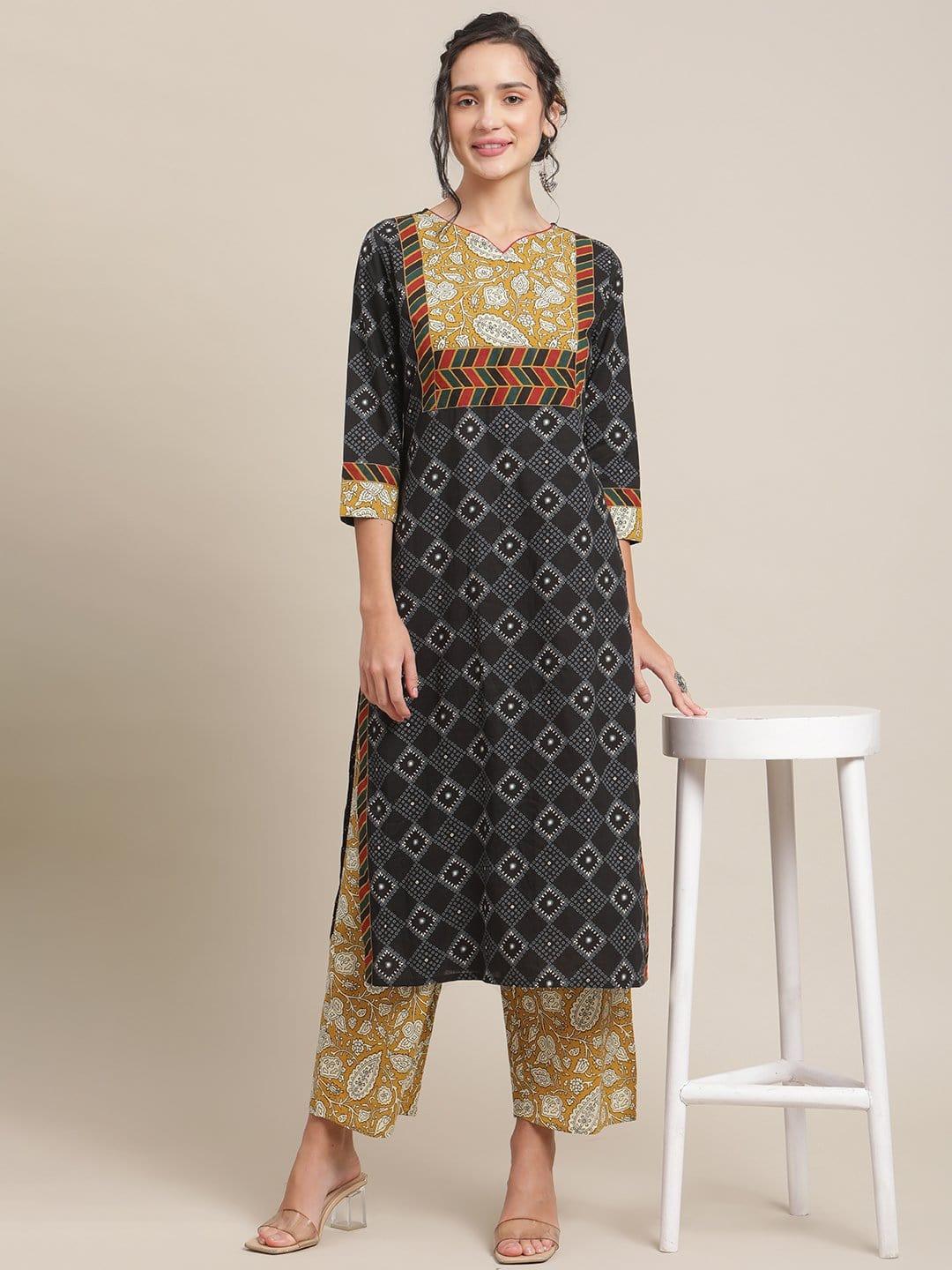 Black And Mustard Printed Kurta With Yoke Design And Paired With Straight Trouser - Indiakreations