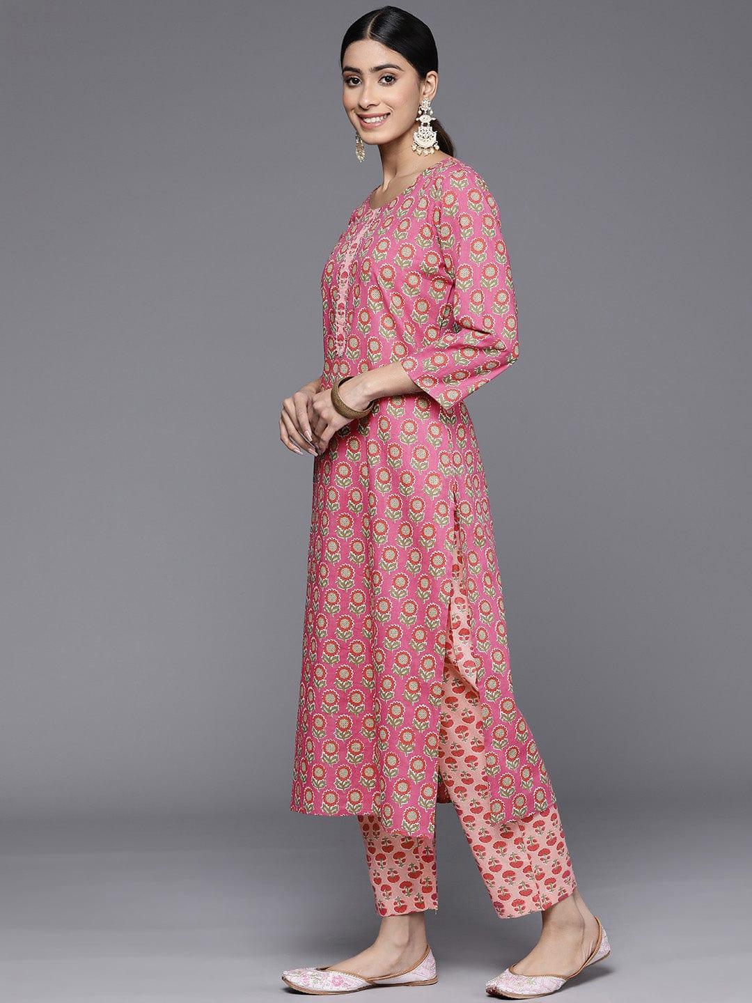 Varanga Floral Printed Gotta Patti Pure Cotton Kurta With Trousers - Indiakreations