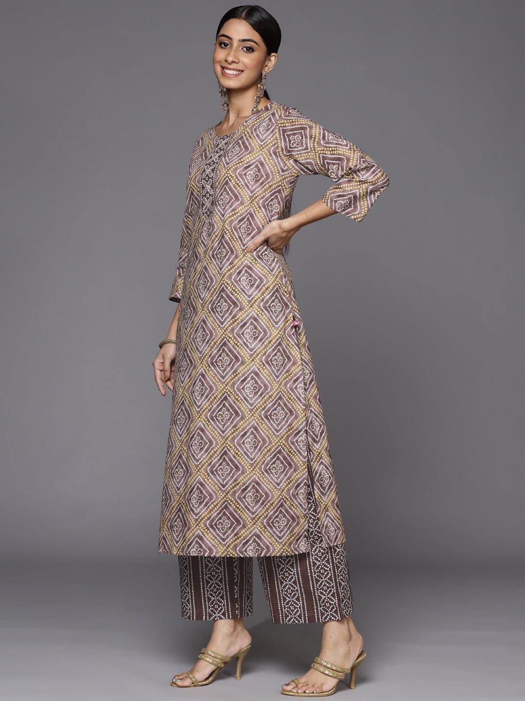 Varanga Women Brown Bandhani Printed Gotta Patti Pure Cotton Kurta with Palazzos & With Dupatta - Indiakreations