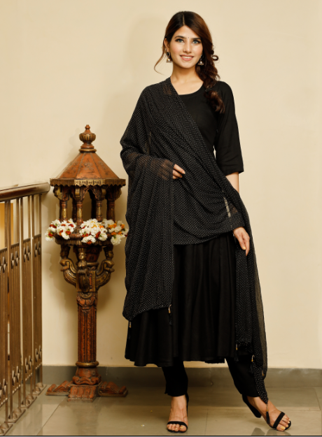 Women's Jet black solid flared kurta with gold dot dupatta