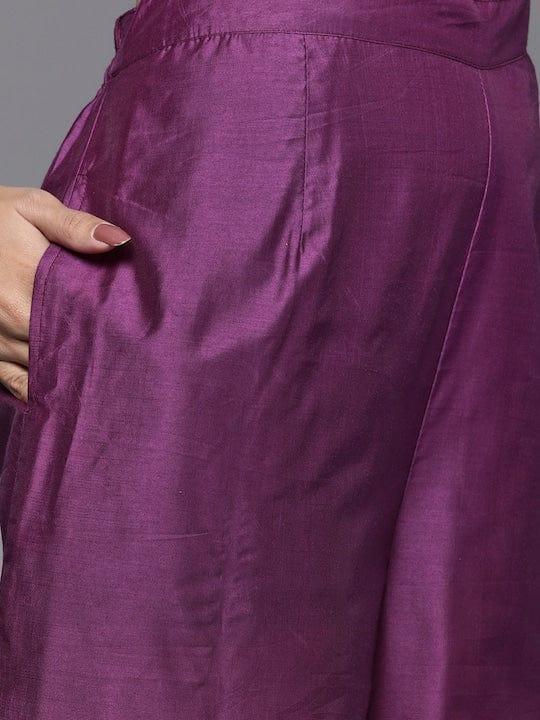 Varanga Women Purple Yoke Design Kurta with Trousers & Dupatta - Indiakreations