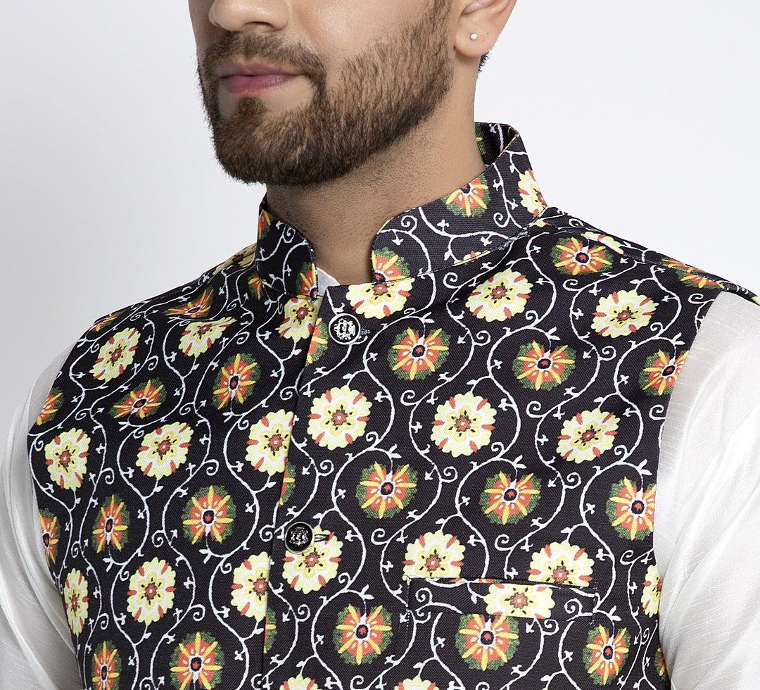 Men's Black & Yellow Printed Nehru Jacket - Benstoke - Indiakreations