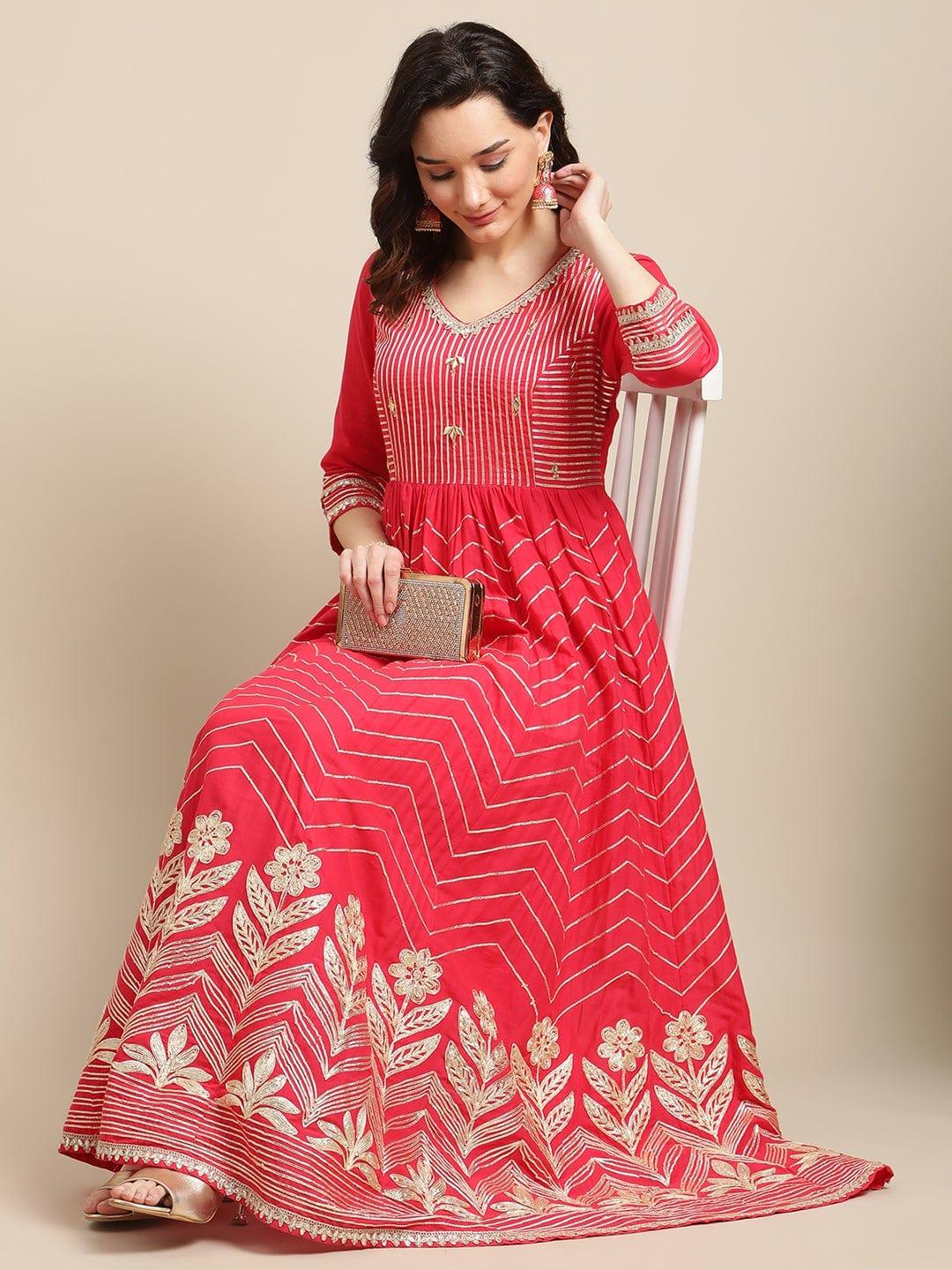 Red And Gold Heavy Floral Gota Work Embellished Anarkali Kurta - Indiakreations