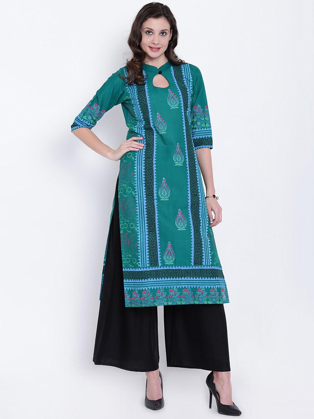 Women's Green & Blue Ethnic Motifs Block Print Kurta - Noz2Toz - Indiakreations