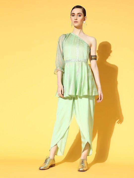 Varanga Women Enchanting Sea Green Self Design Tunic with Solid Dhoti Pants - Indiakreations