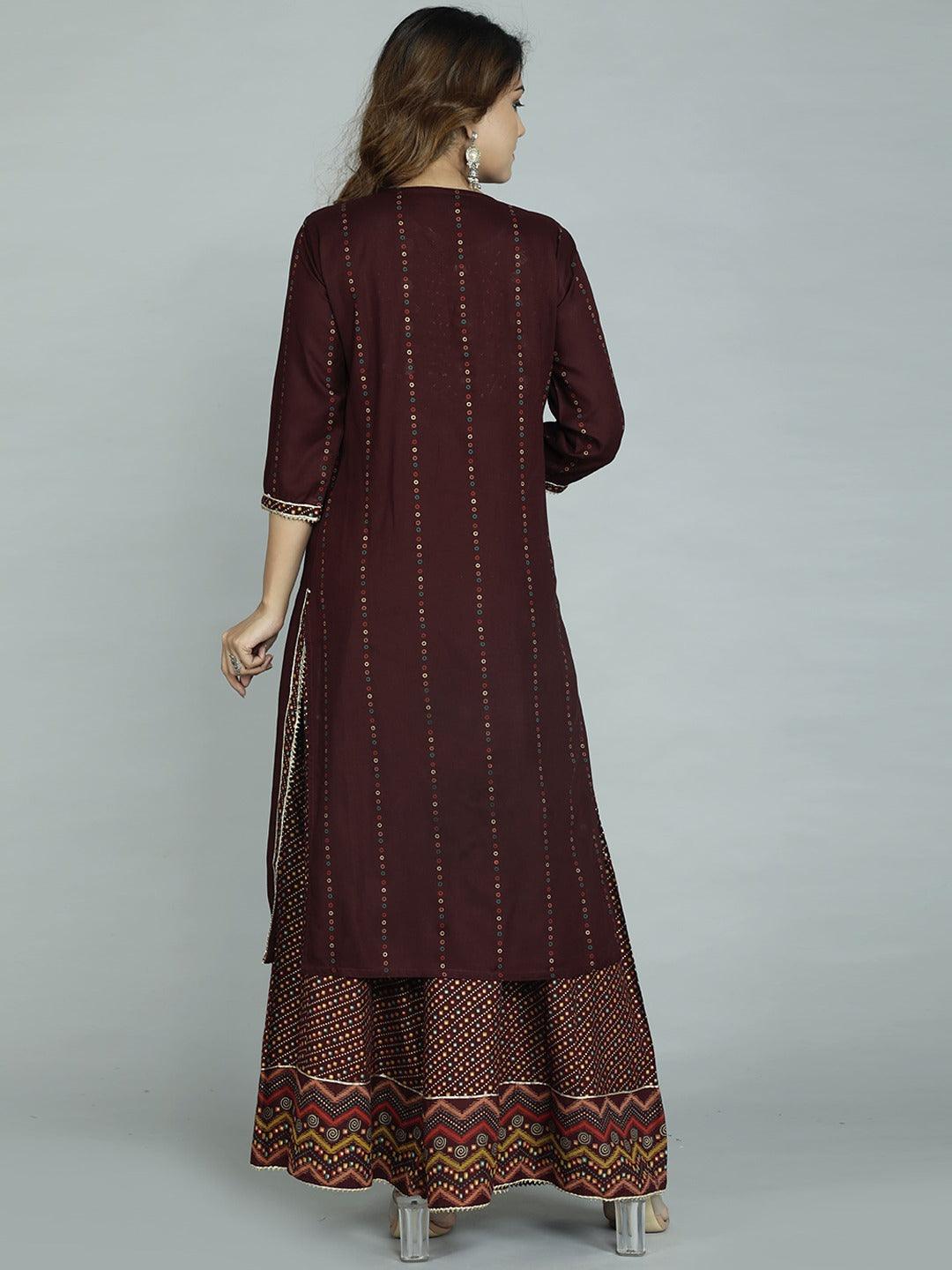 Women's Maroon Ethnic Motifs Embroidered Kurta With Sharara & With Dupatta - Noz2Toz - Indiakreations