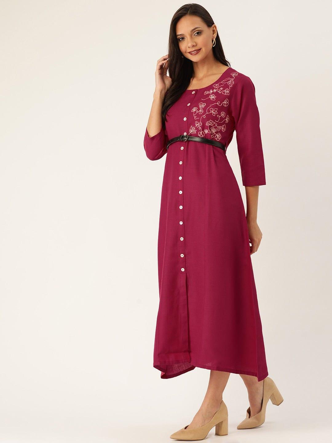 Magenta Embroidered Detail A-Line Dress - Indiakreations