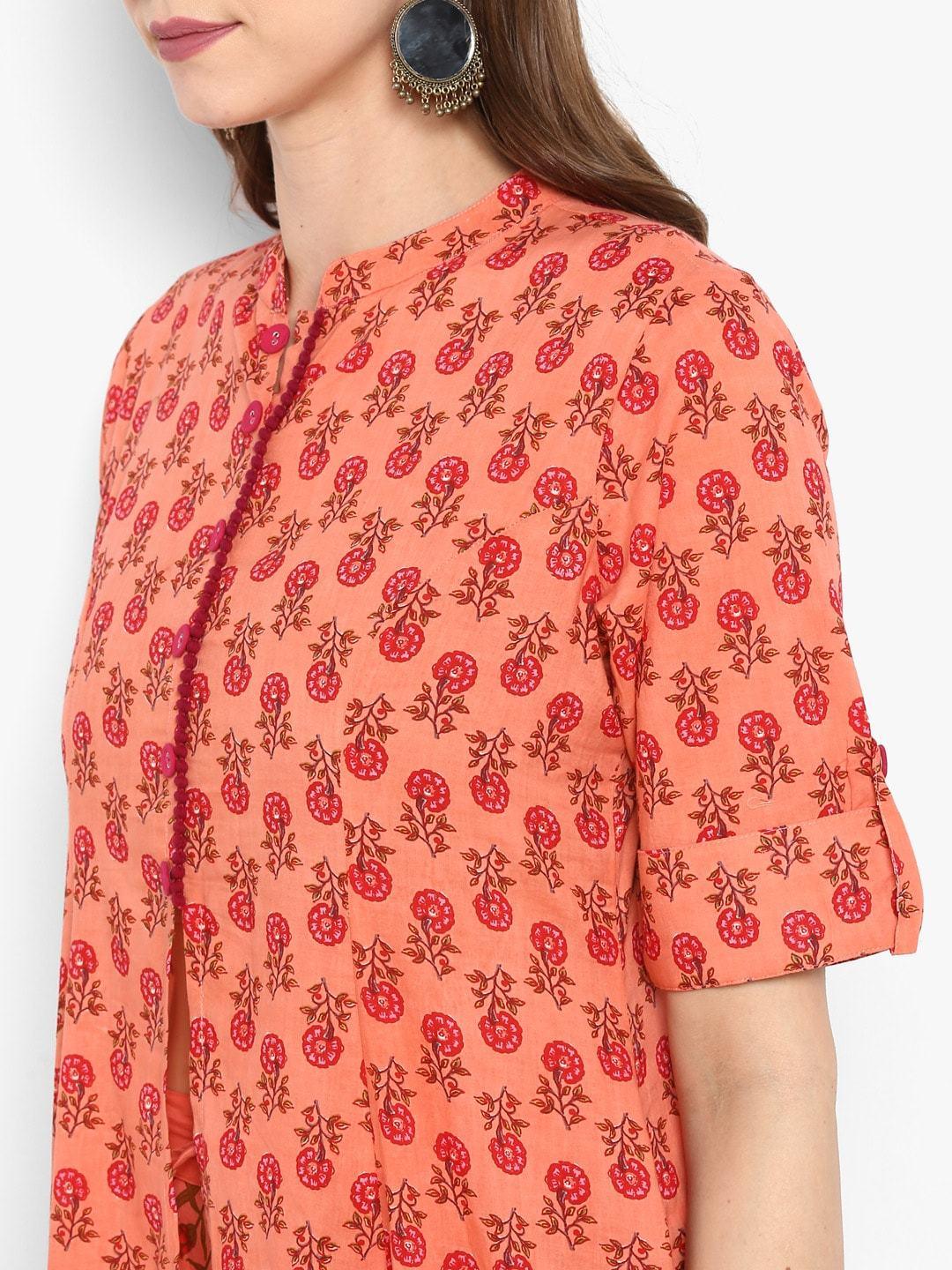 Women's Peach-Coloured & Red Printed Kurta with Trousers - Meeranshi - Indiakreations