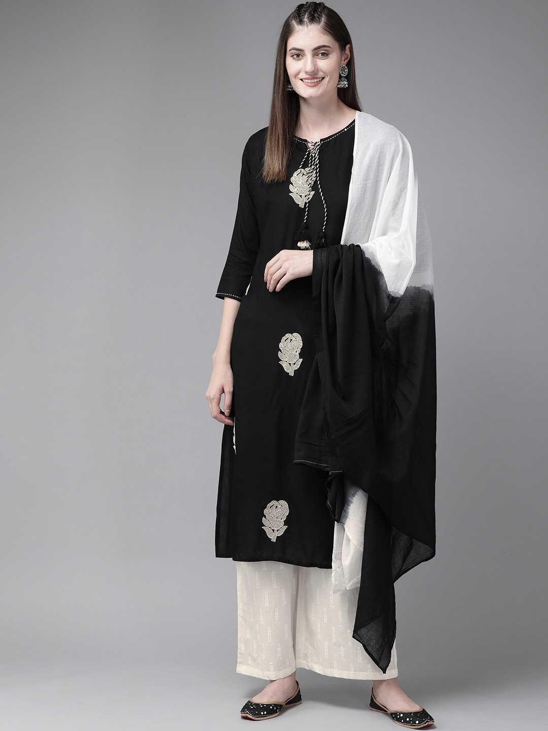 Women's Black & Cream Embroidered Kurta Set - Yufta