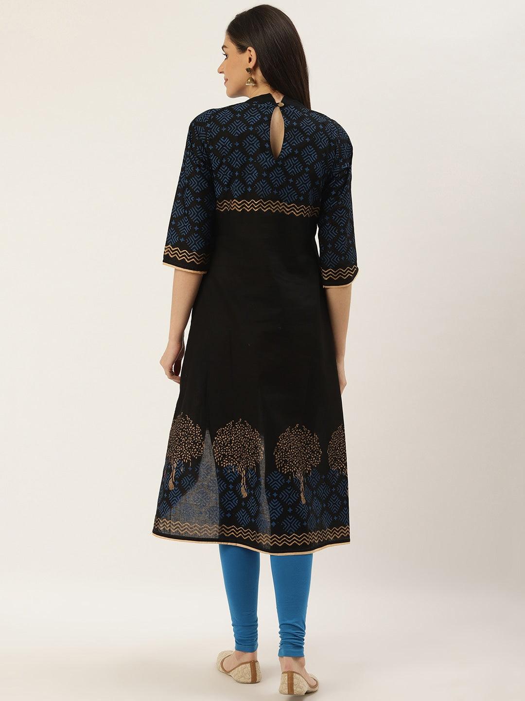 Women's Black & Golden Block Print A-Line Kurta - Noz2Toz - Indiakreations