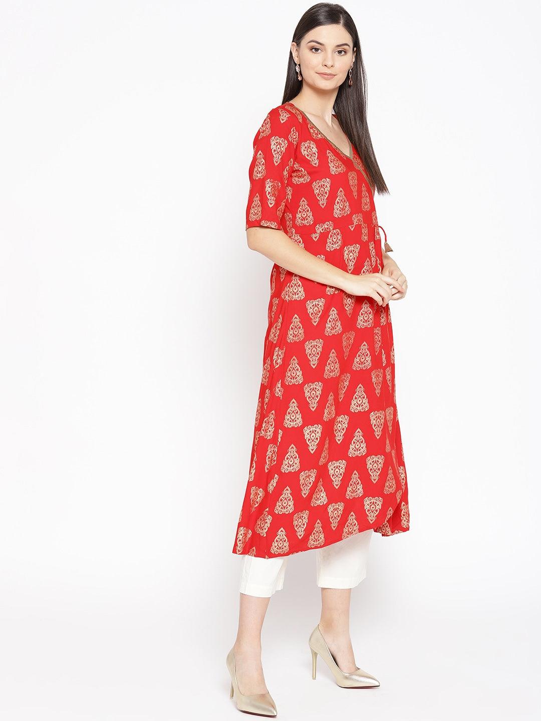 Women's Red & Golden Printed Angrakha A-Line Kurta - NOZ2TOZ - Indiakreations