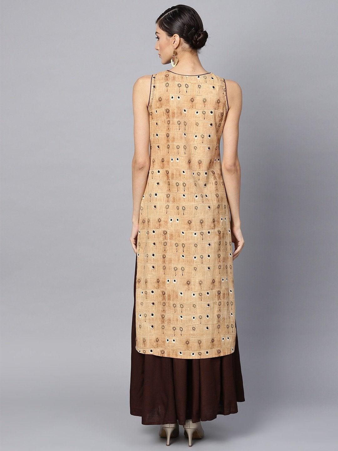 Women's Beige & Coffee Brown Printed Kurta with Skirt - Meeranshi - Indiakreations