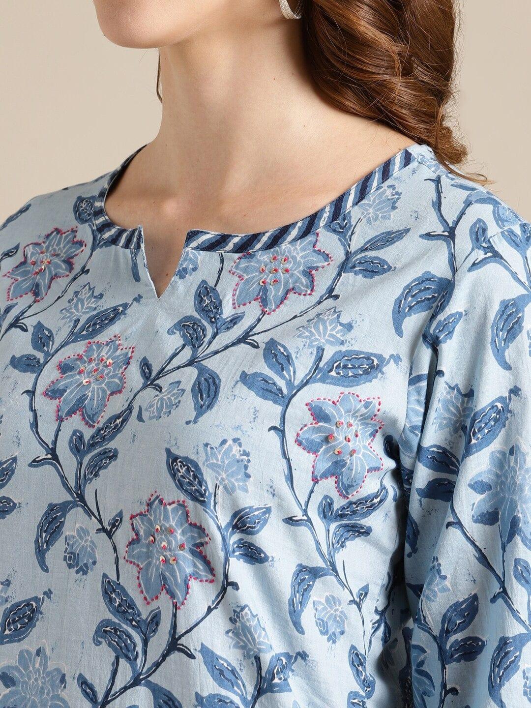 Blue Floral Printed Kurta with Trousers - Indiakreations