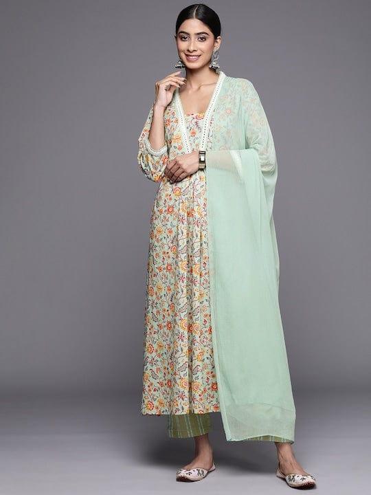 Varanga Floral Printed Regular Mirror Work Kurta With Trousers & Dupatta - Indiakreations