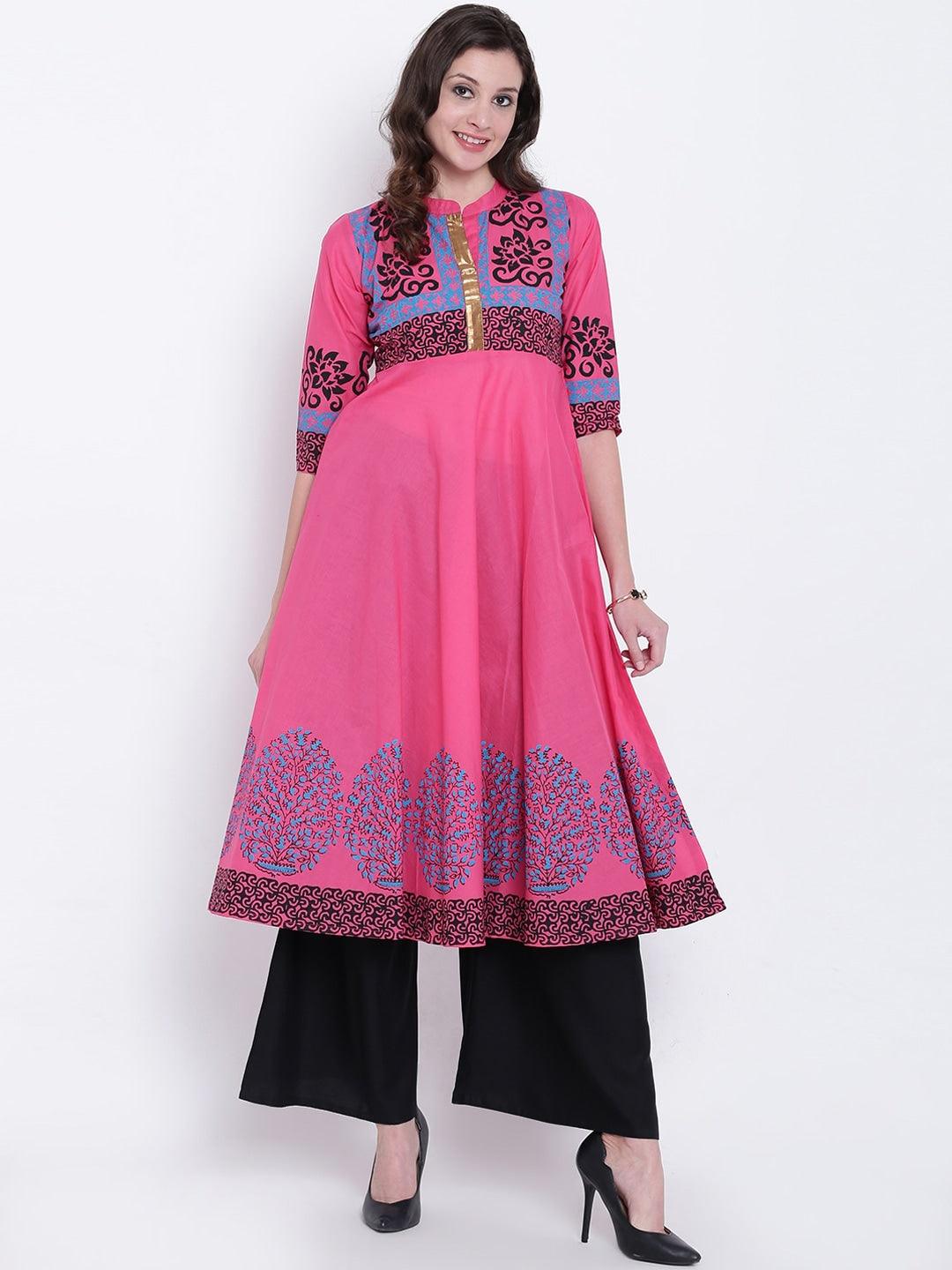 Women's Pink & Blue Ethnic Motifs Printed Cotton Anarkali Kurta - Noz2Toz - Indiakreations