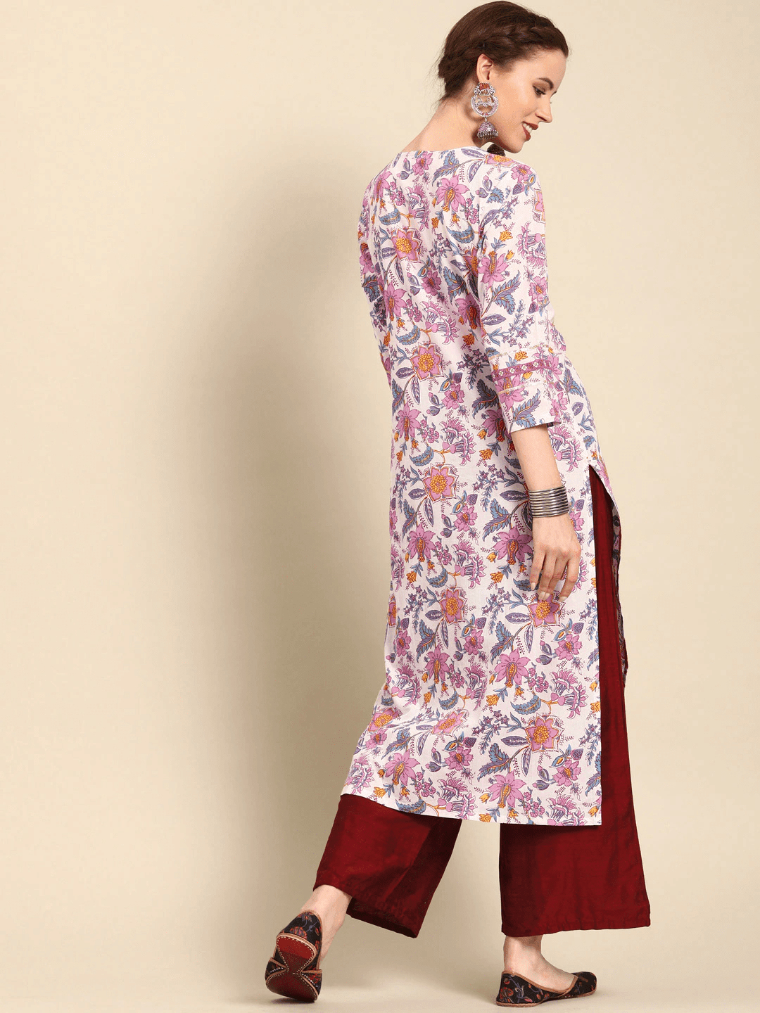 White & Pink Screen Technique Printed Straight Kurta With Gotta Patti Detail - Indiakreations