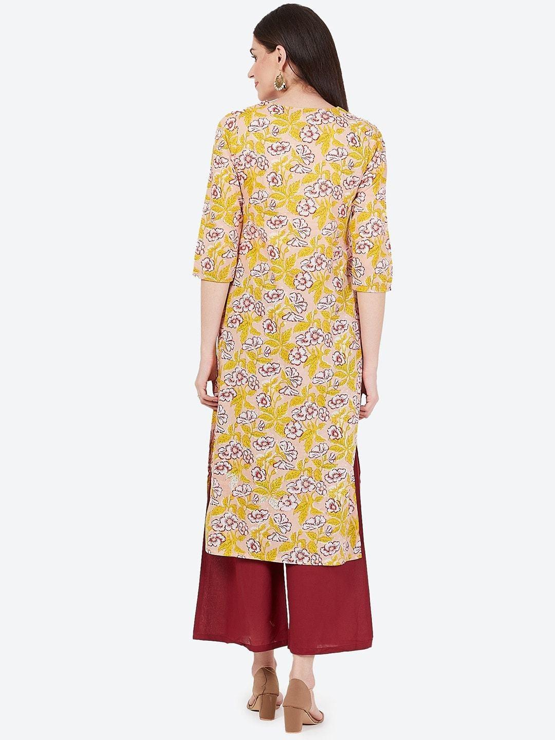 Women's Yellow & Maroon Floral Printed Kurta with Palazzos - Meeranshi - Indiakreations