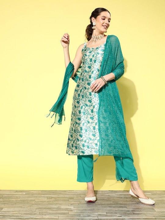 Varanga Women Green Floral Printed Chanderi Silk Kurta With Trousers & Dupatta - Indiakreations