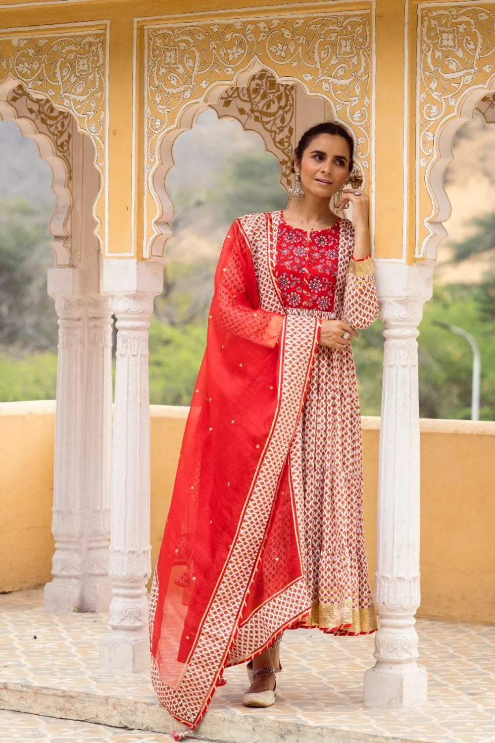 Red tier Anarkali Set - Indiakreations