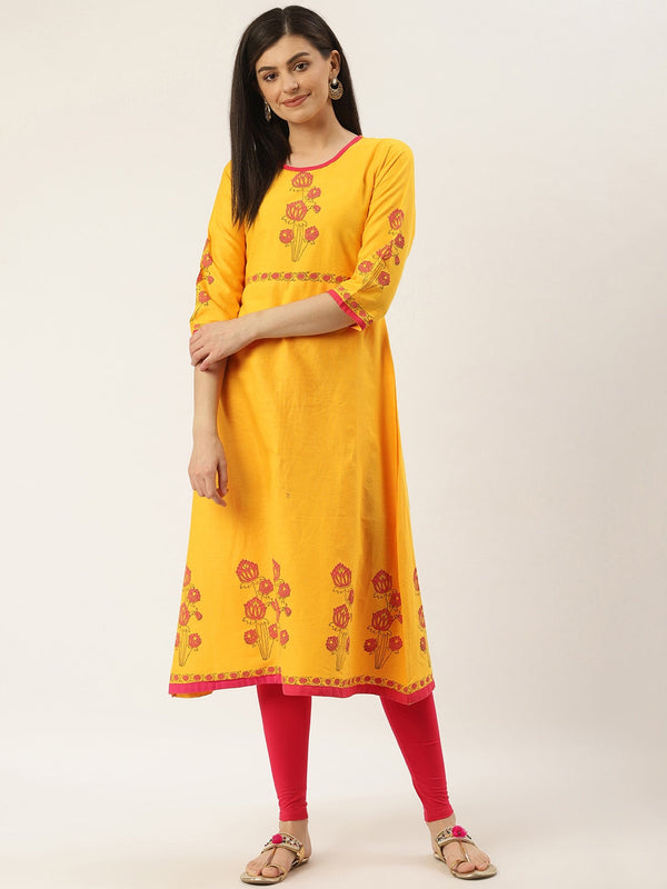 Women's Mustard Yellow & Pink Yoke Design A-Line Kurta - Noz2Toz