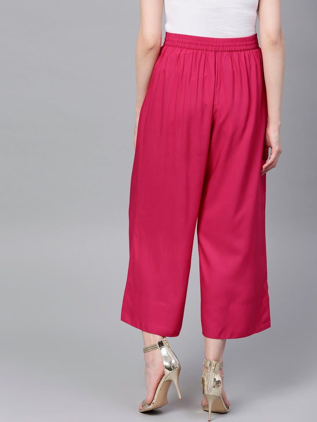 Fuchsia Solid Wide Leg Cropped Palazzos - Indiakreations